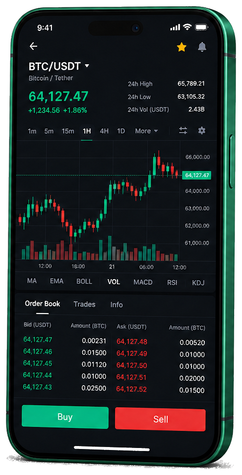 Djup Fondstad mobile trading platform — live BTC/USDT chart, order book and buy/sell interface